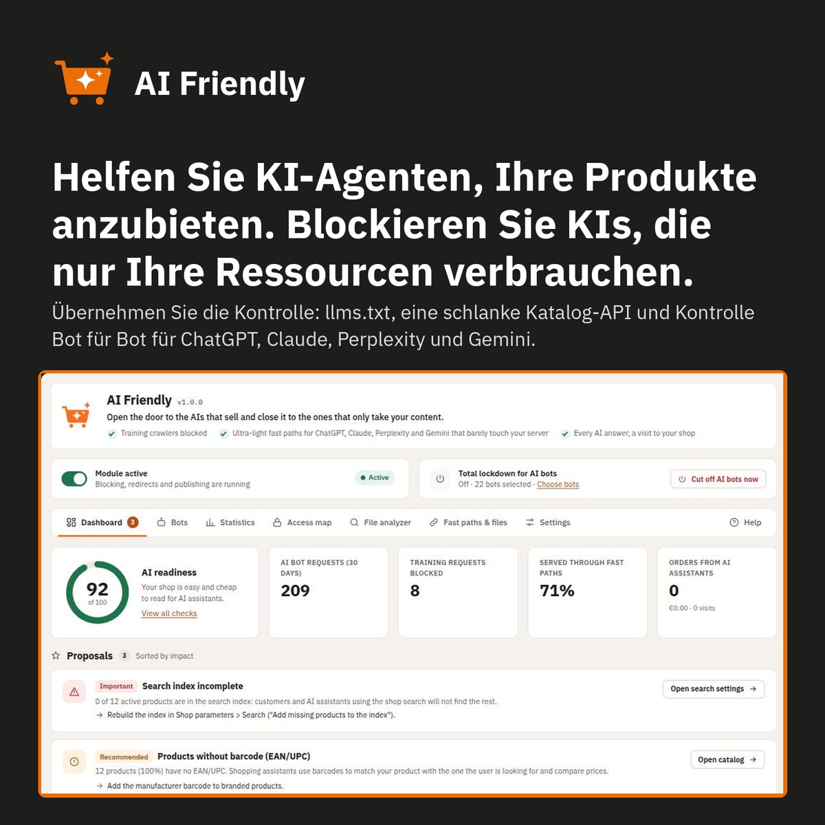 Dashboard: KI-Bereitschaftswert und Verbesserungen mit Korrektur per Klick.