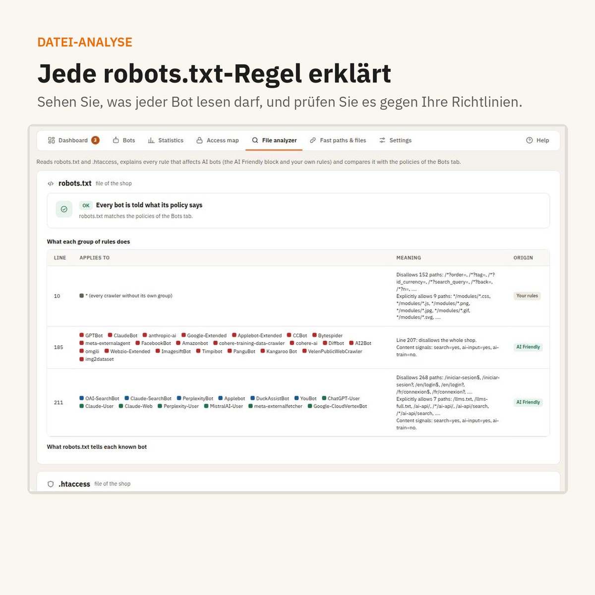 Datei-Analyse: jede robots.txt-Regel Bot für Bot erklärt.