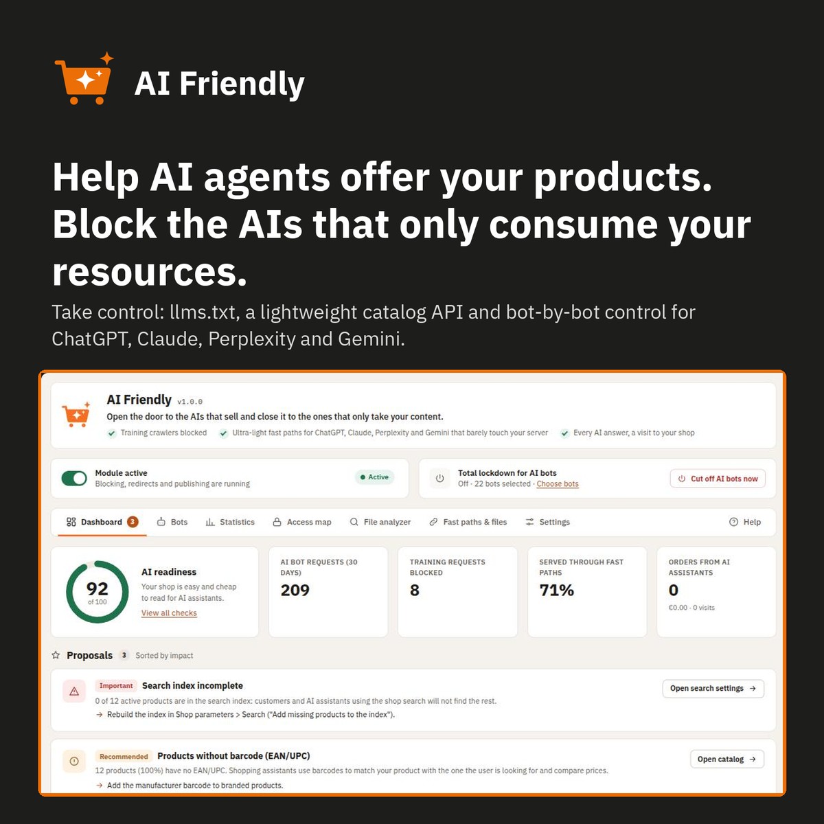 Dashboard: AI readiness score and improvements with one-click fixes.