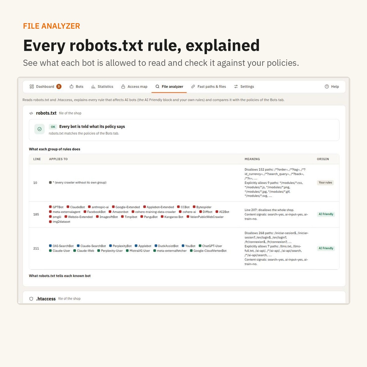 File analyzer: every robots.txt rule explained bot by bot.