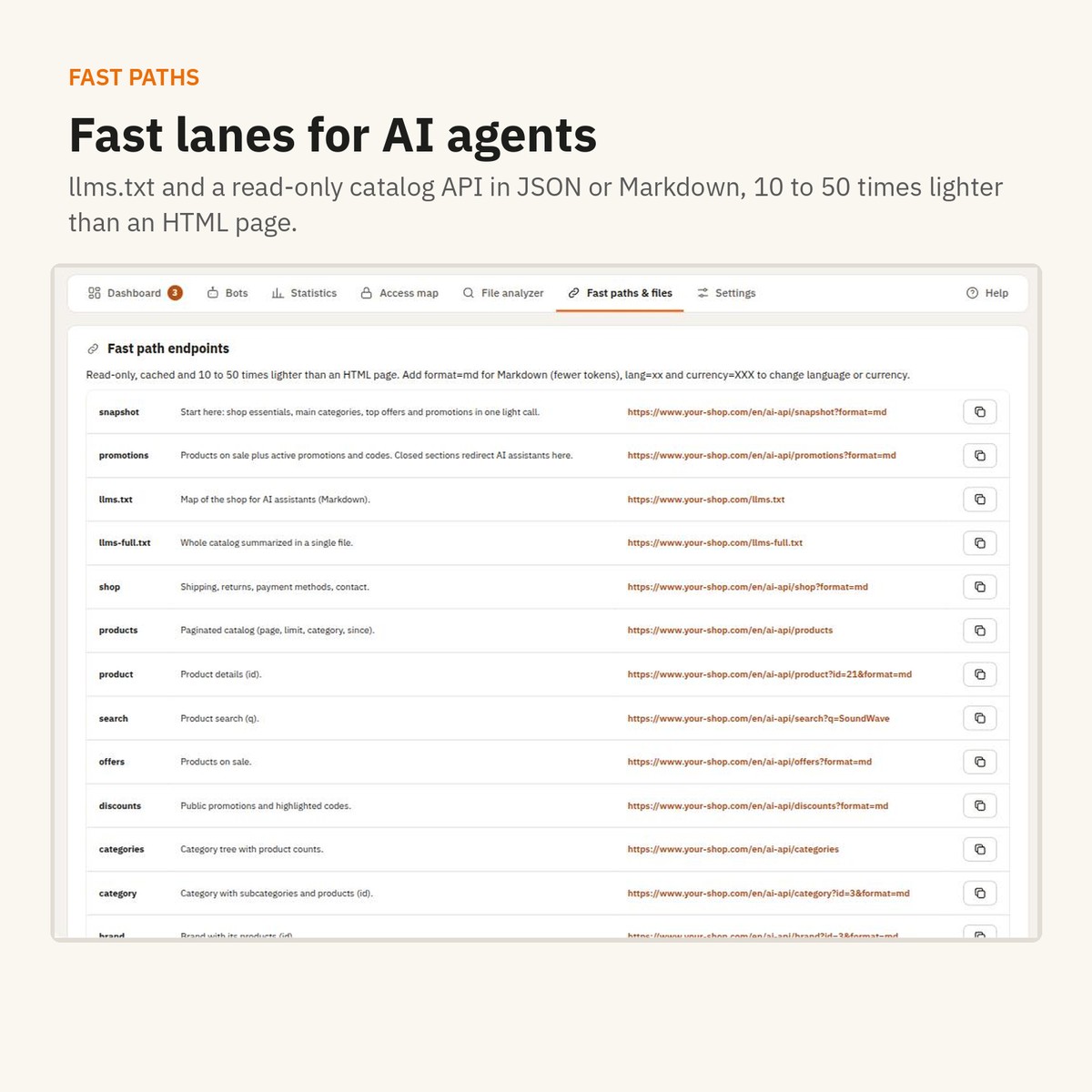 Fast paths: llms.txt, catalog API, backups and change log.