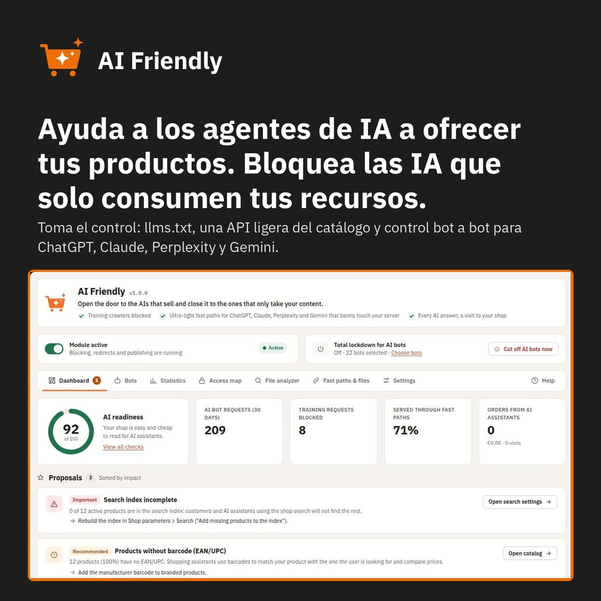 Panel: puntuación de preparación para IA y mejoras con corrección en un clic.