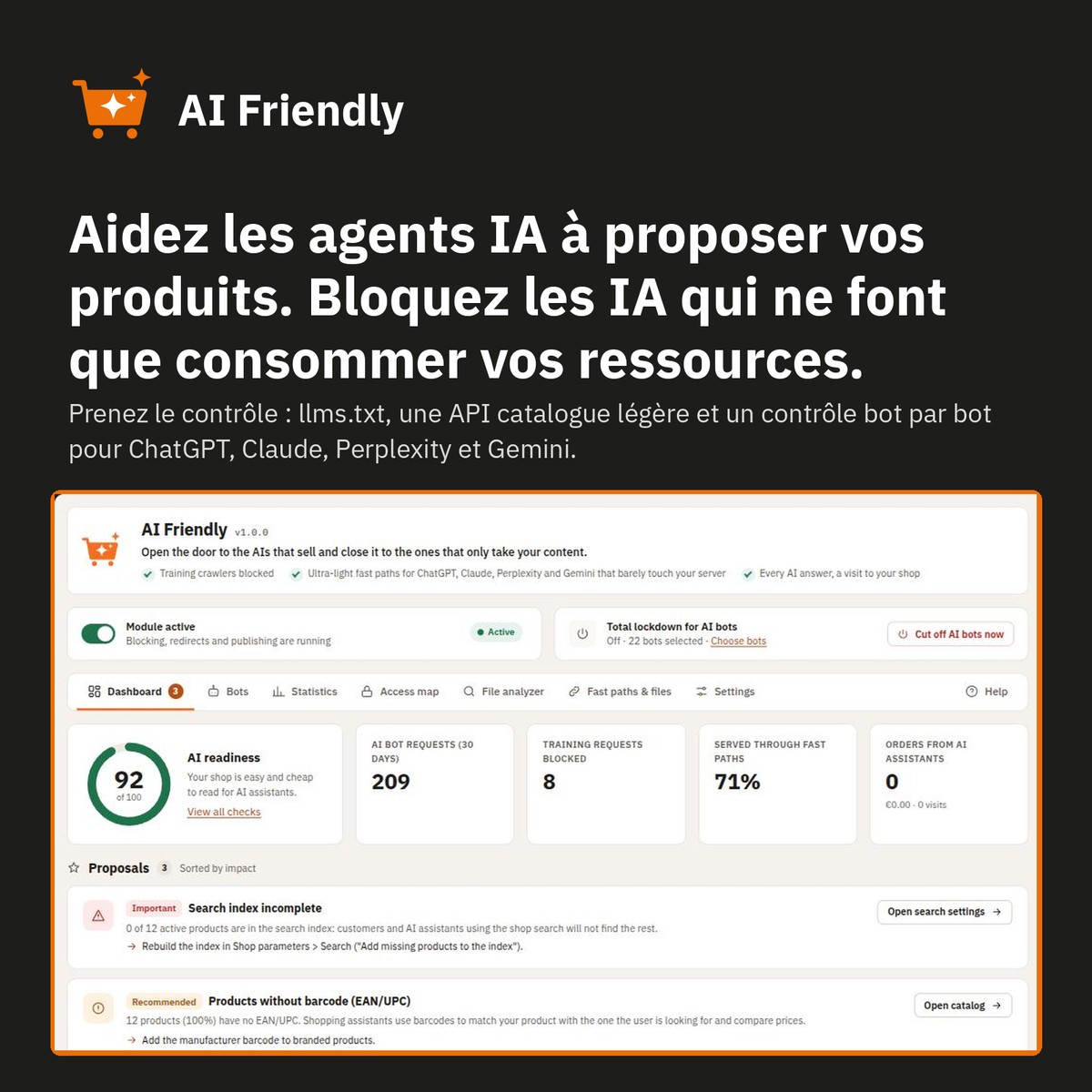 Tableau de bord : score de préparation à l’IA et améliorations avec correction en un clic.