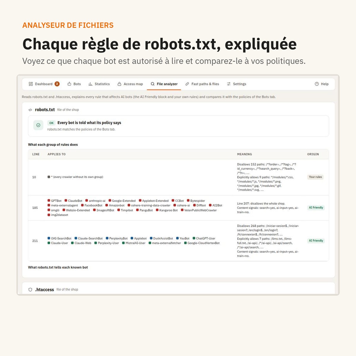 Analyseur de fichiers : chaque règle de robots.txt expliquée bot par bot.
