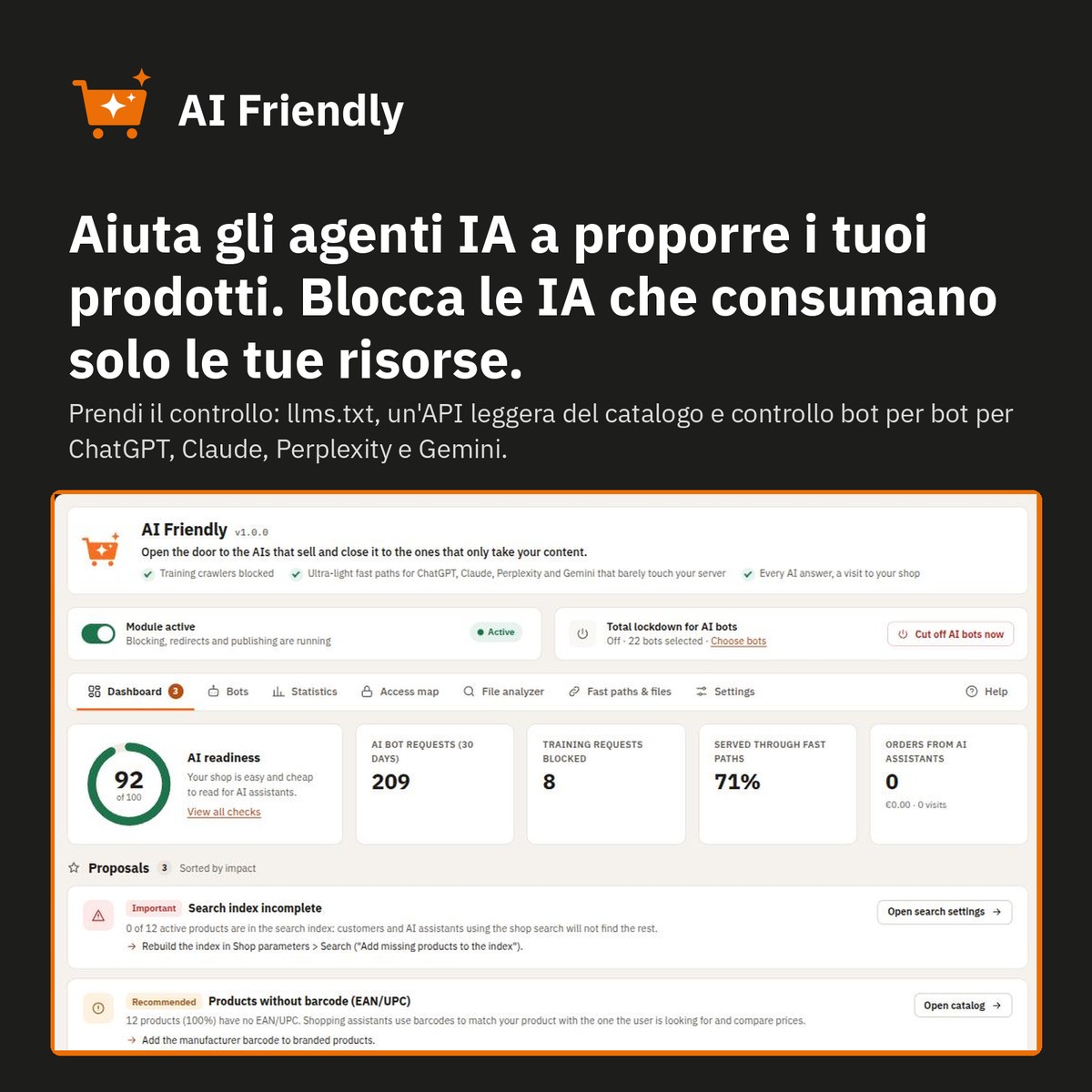 Dashboard: punteggio di preparazione all’IA e miglioramenti con correzione in un clic.