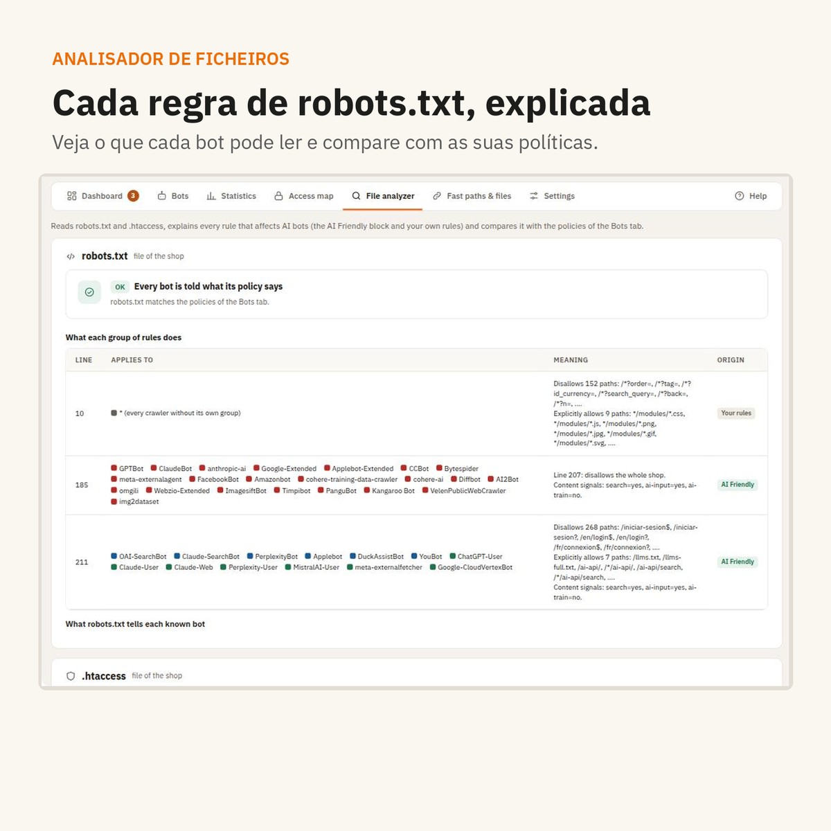 Analisador de ficheiros: cada regra de robots.txt explicada bot a bot.