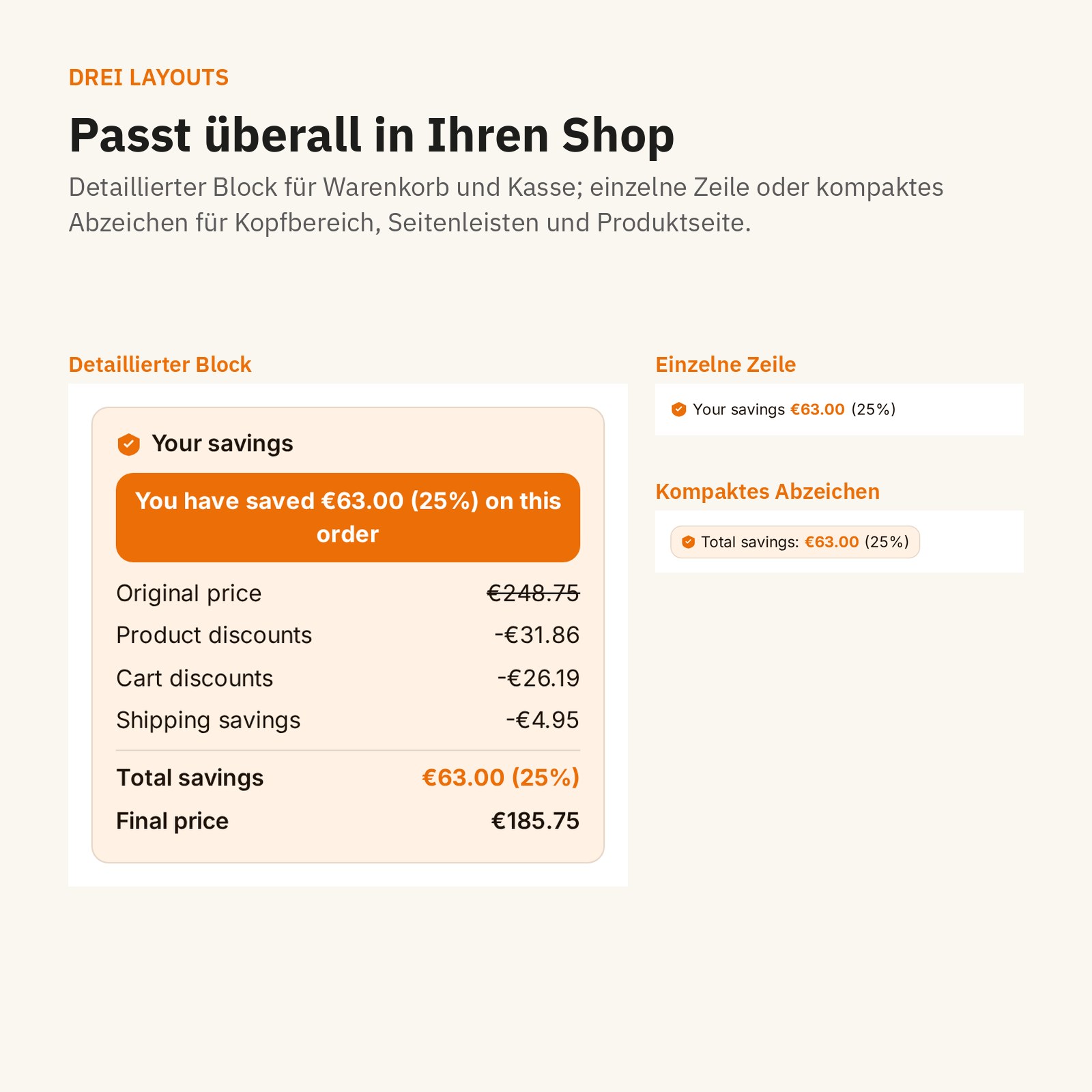 Layouts: detaillierter Block, einzelne Zeile oder kompaktes Badge — passt überall in Ihren Shop.