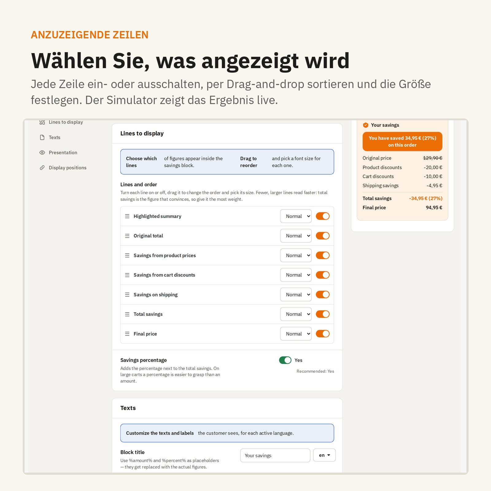 Zeilen: wählen Sie, was angezeigt wird, ordnen und dimensionieren Sie jede Zahl.