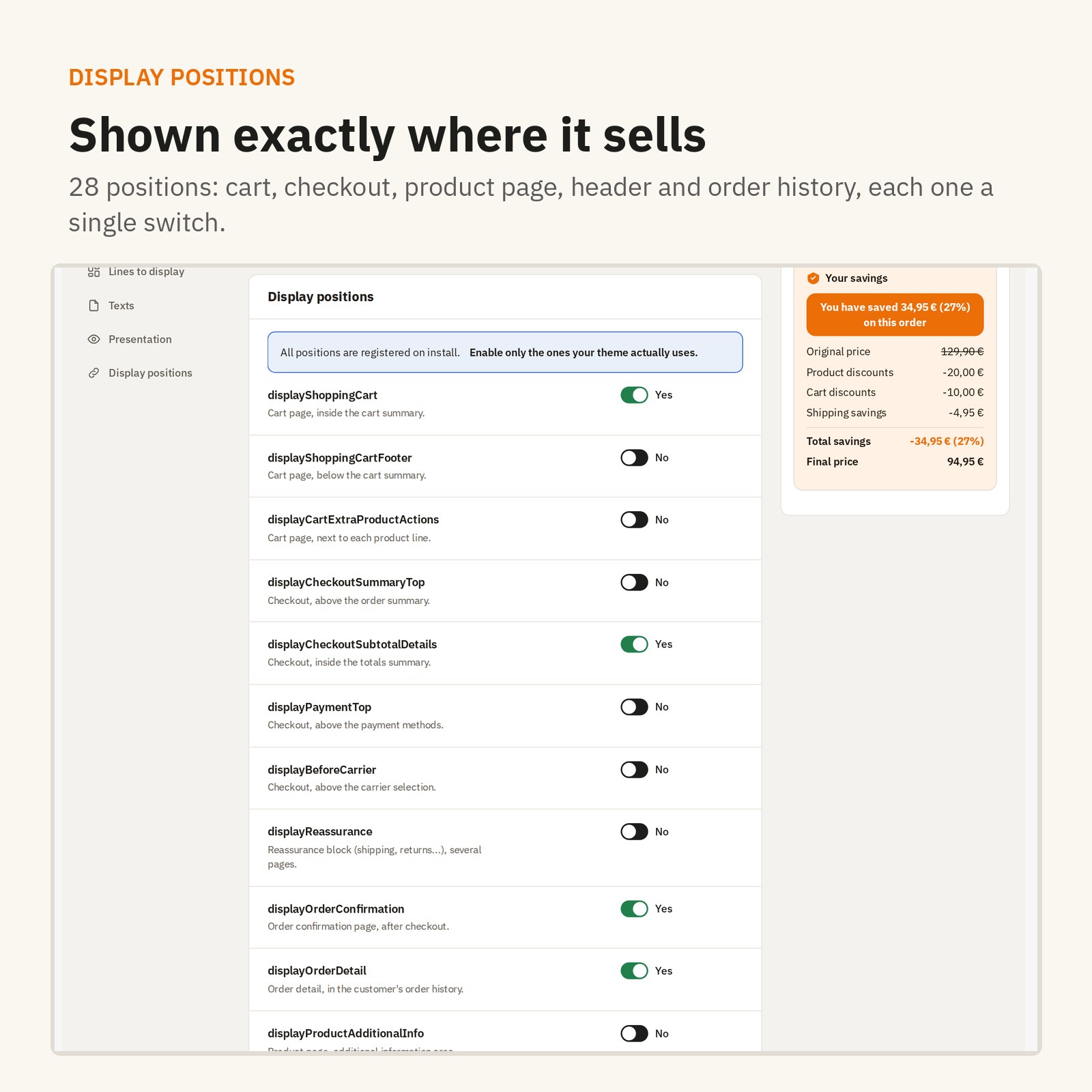 Positions: 28 places to show it, shown exactly where it sells.