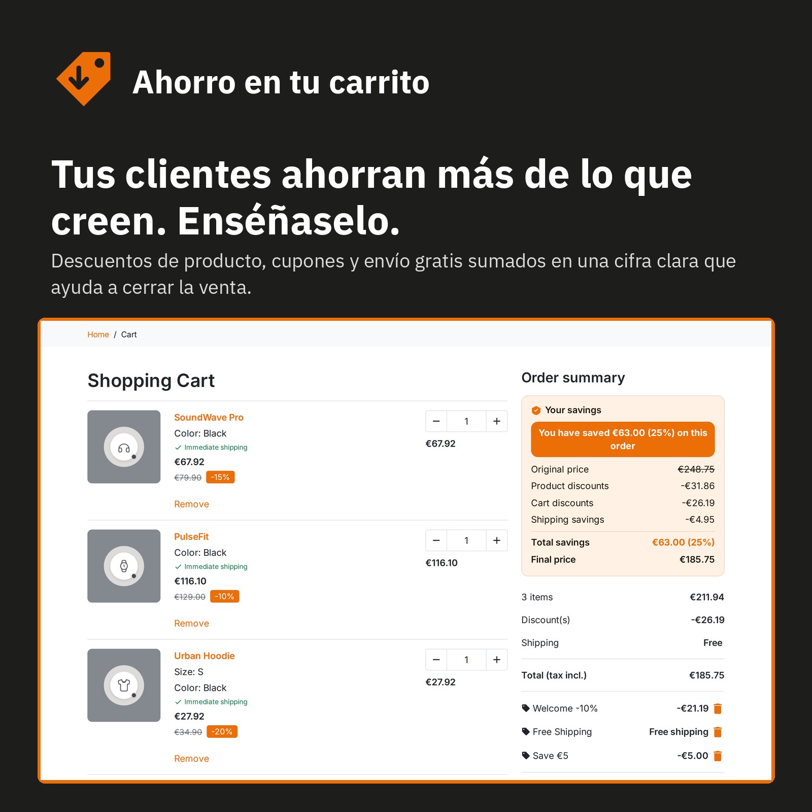 Carrito: descuentos de producto, cupones y envío gratis sumados en una cifra.