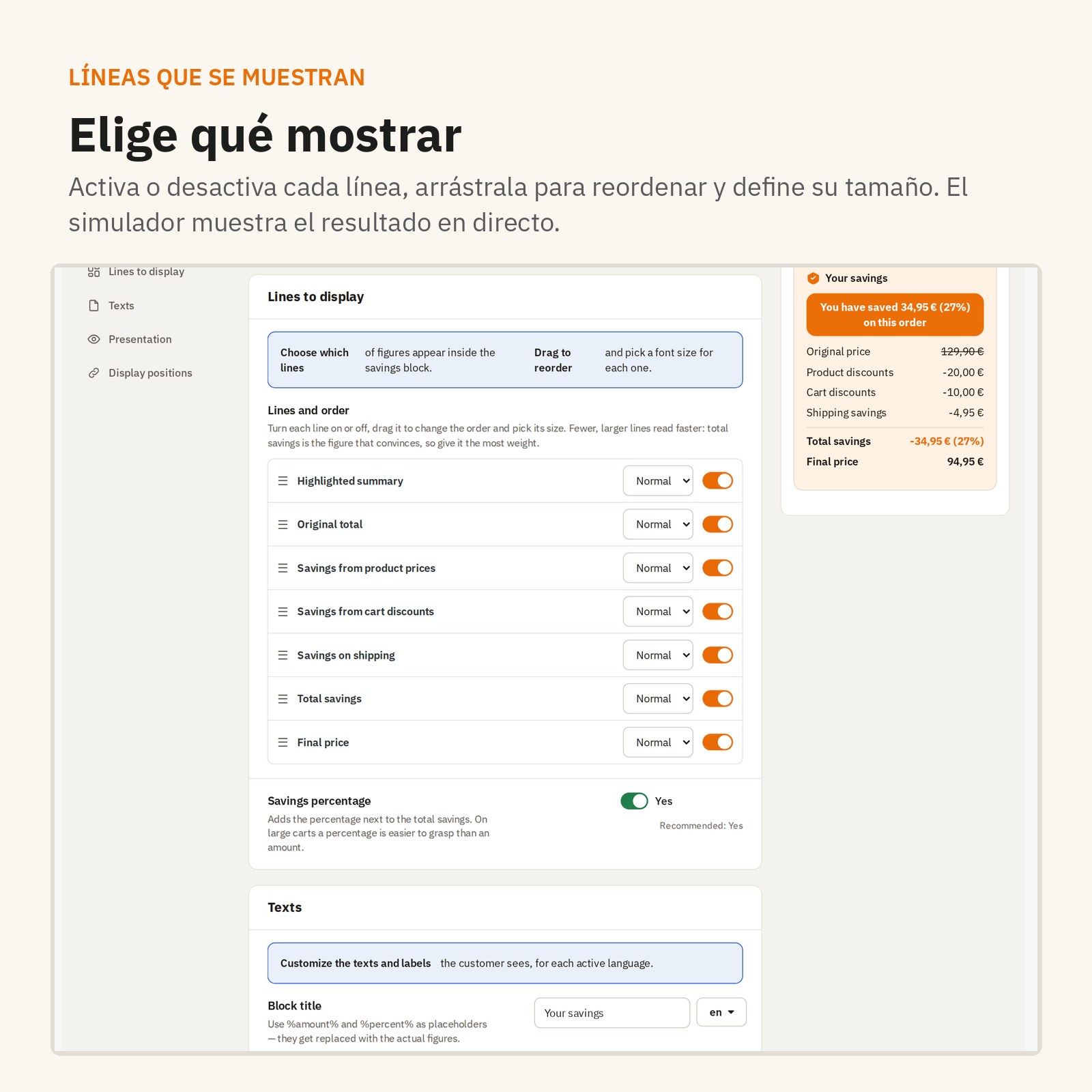 Líneas: elige qué mostrar, reordena y dimensiona cada cifra.