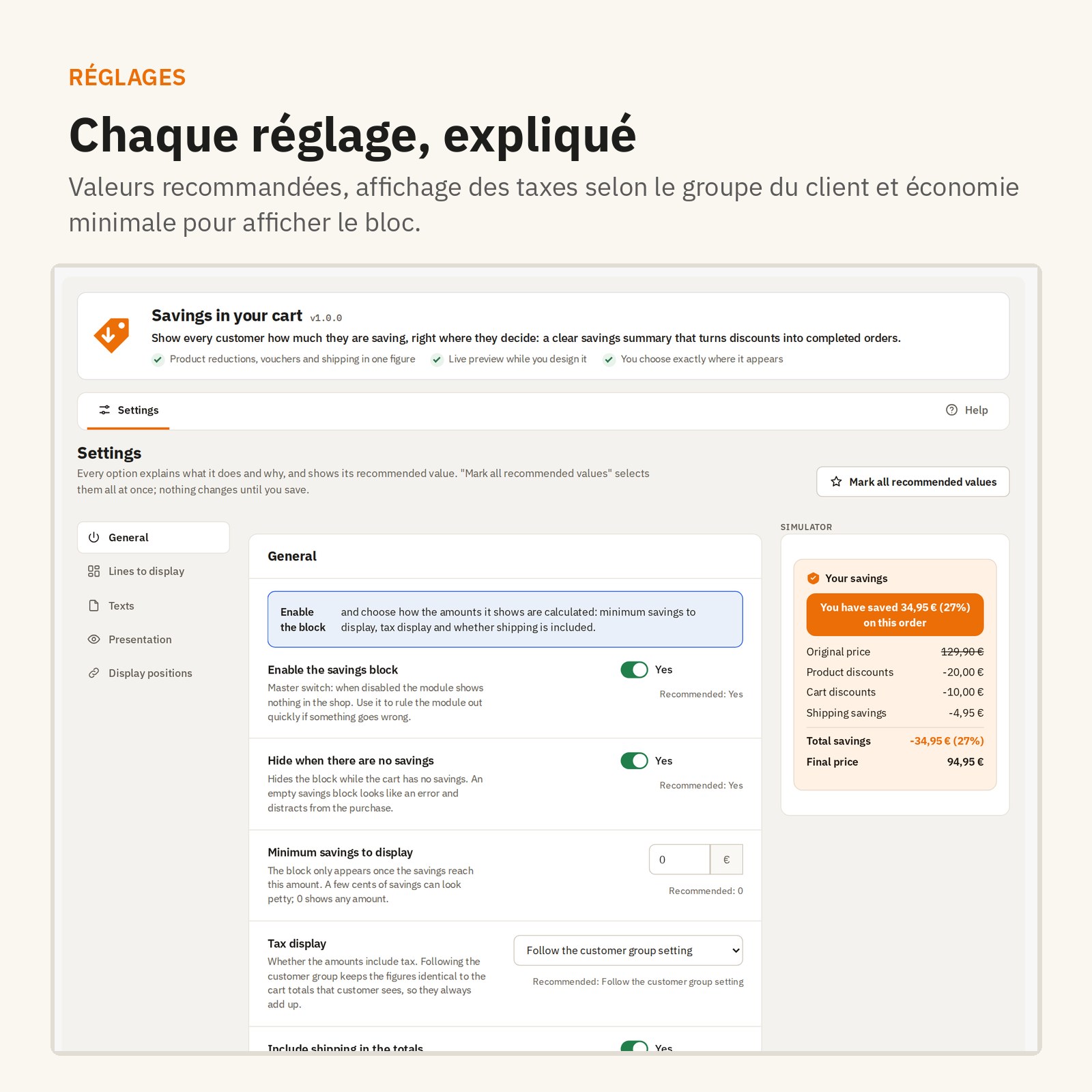 Réglages : chaque option expliquée, avec les valeurs recommandées indiquées.