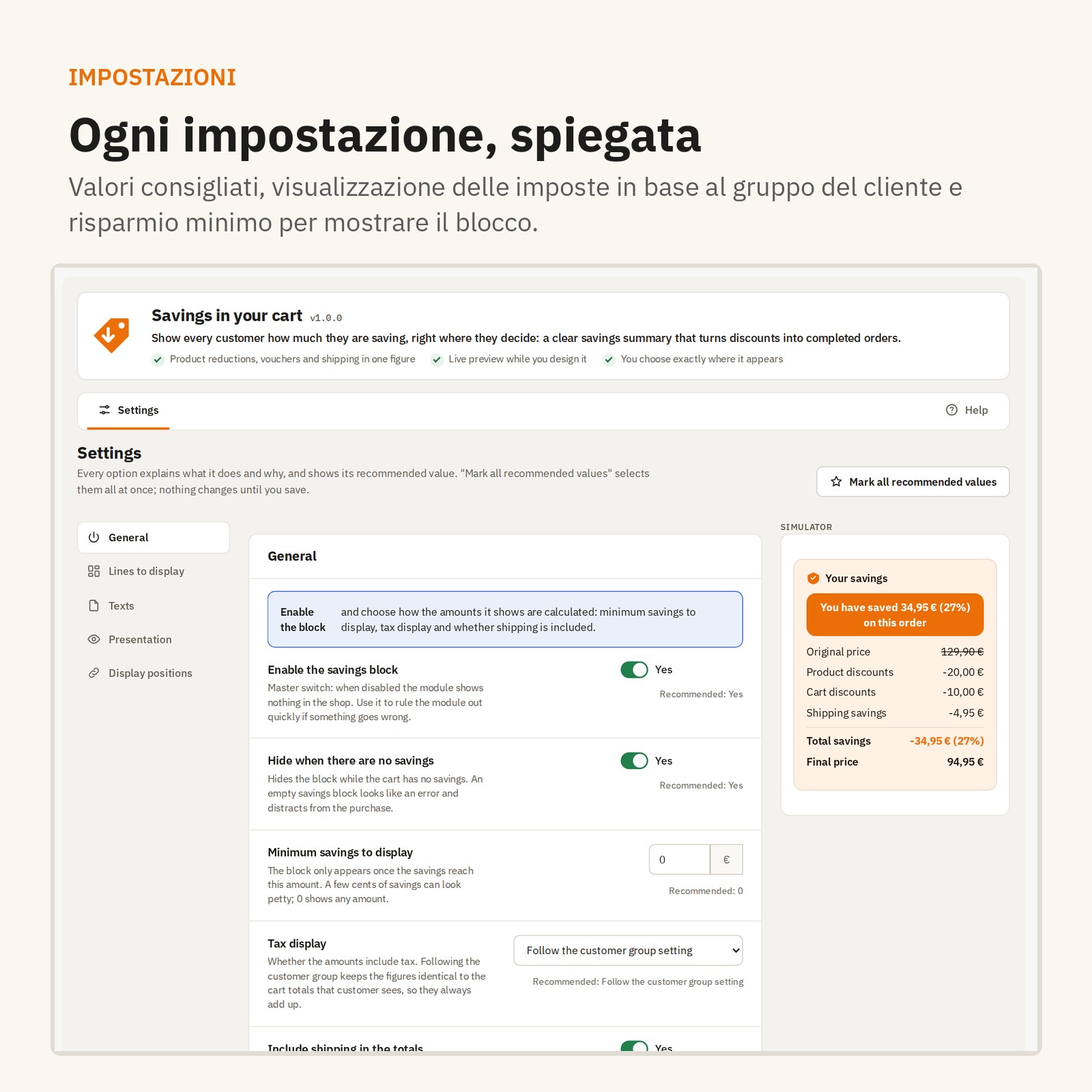 Impostazioni: ogni opzione spiegata, con i valori consigliati indicati.