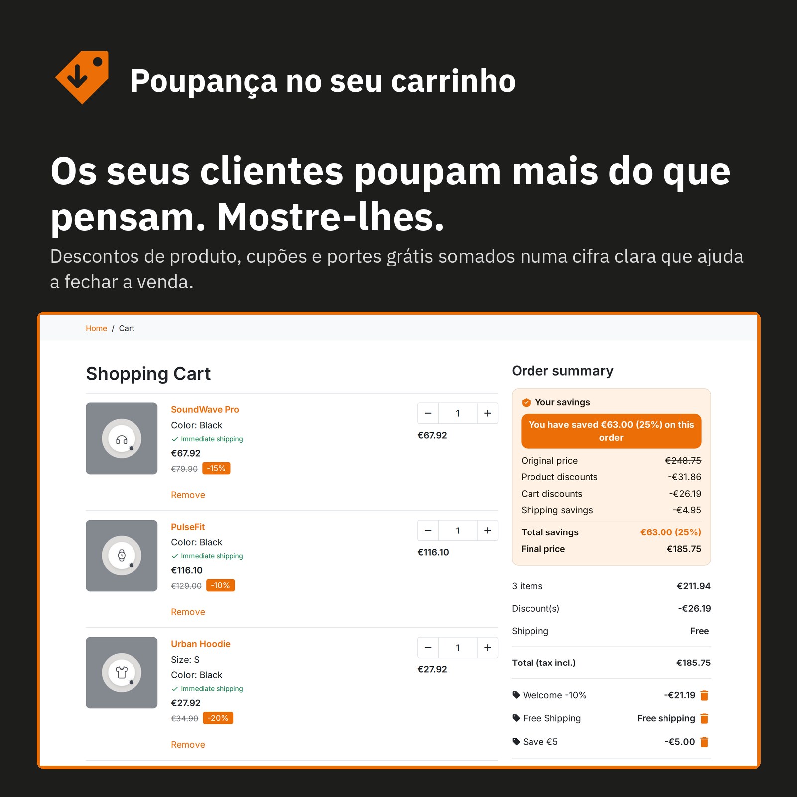 Carrinho: descontos de produto, cupões e portes grátis somados num valor.