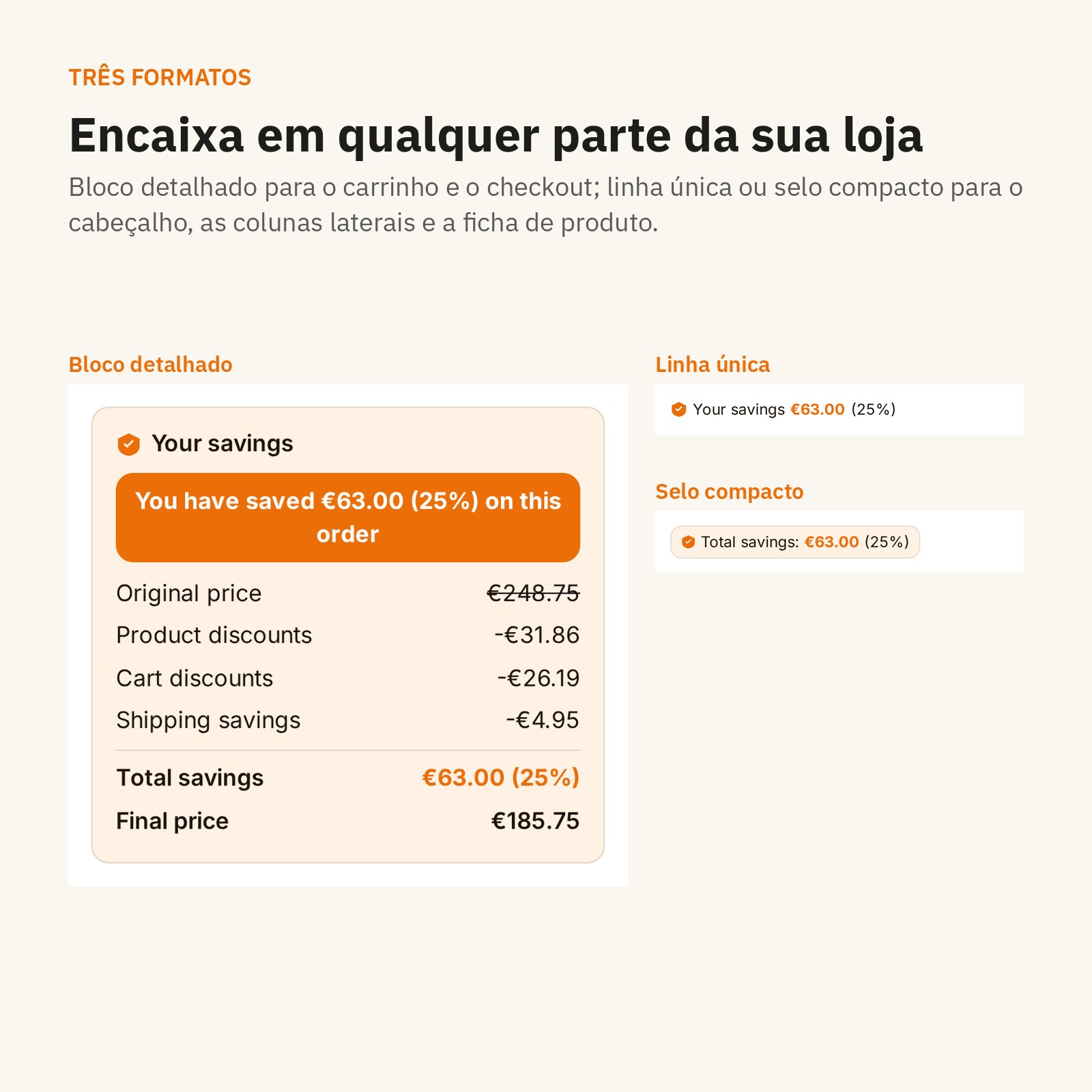 Formatos: bloco detalhado, linha única ou crachá compacto — encaixa em qualquer parte da sua loja.