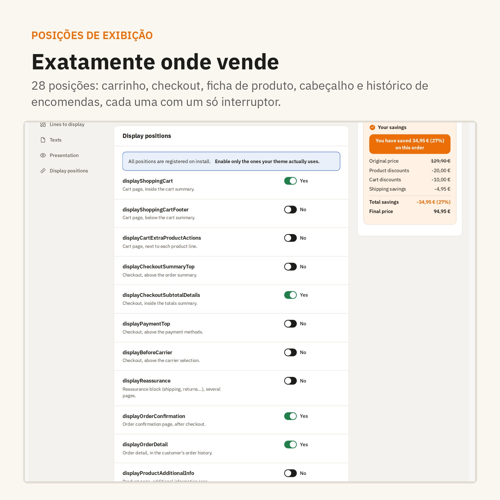 Posições: 28 sítios onde o mostrar, exatamente onde vende.