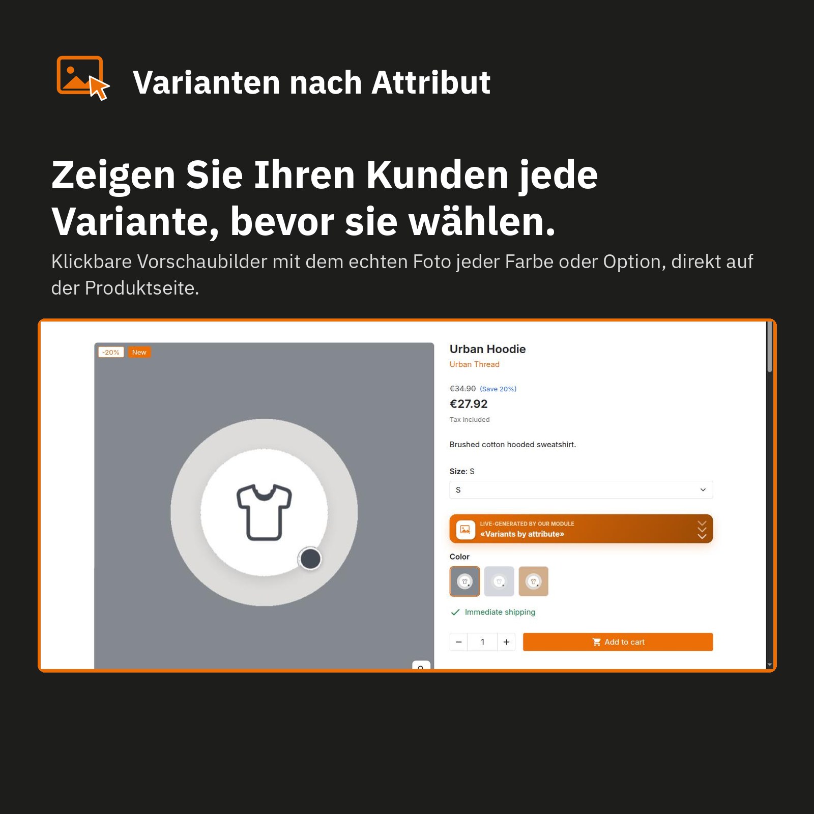 Produktseite: jede Variante sichtbar, bevor der Kunde wählt.