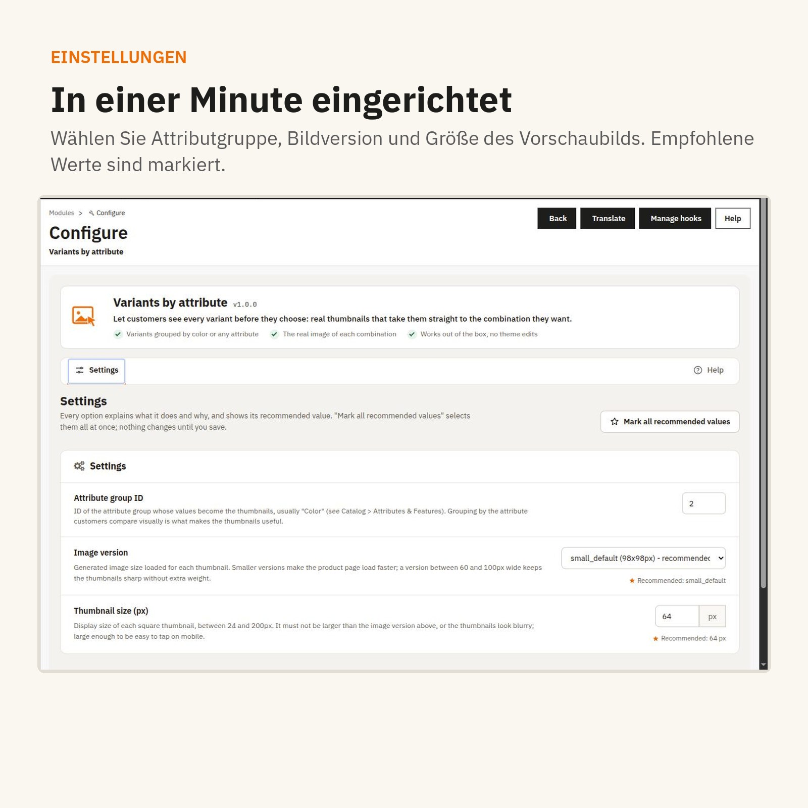 Einstellungen: in einer Minute eingerichtet.